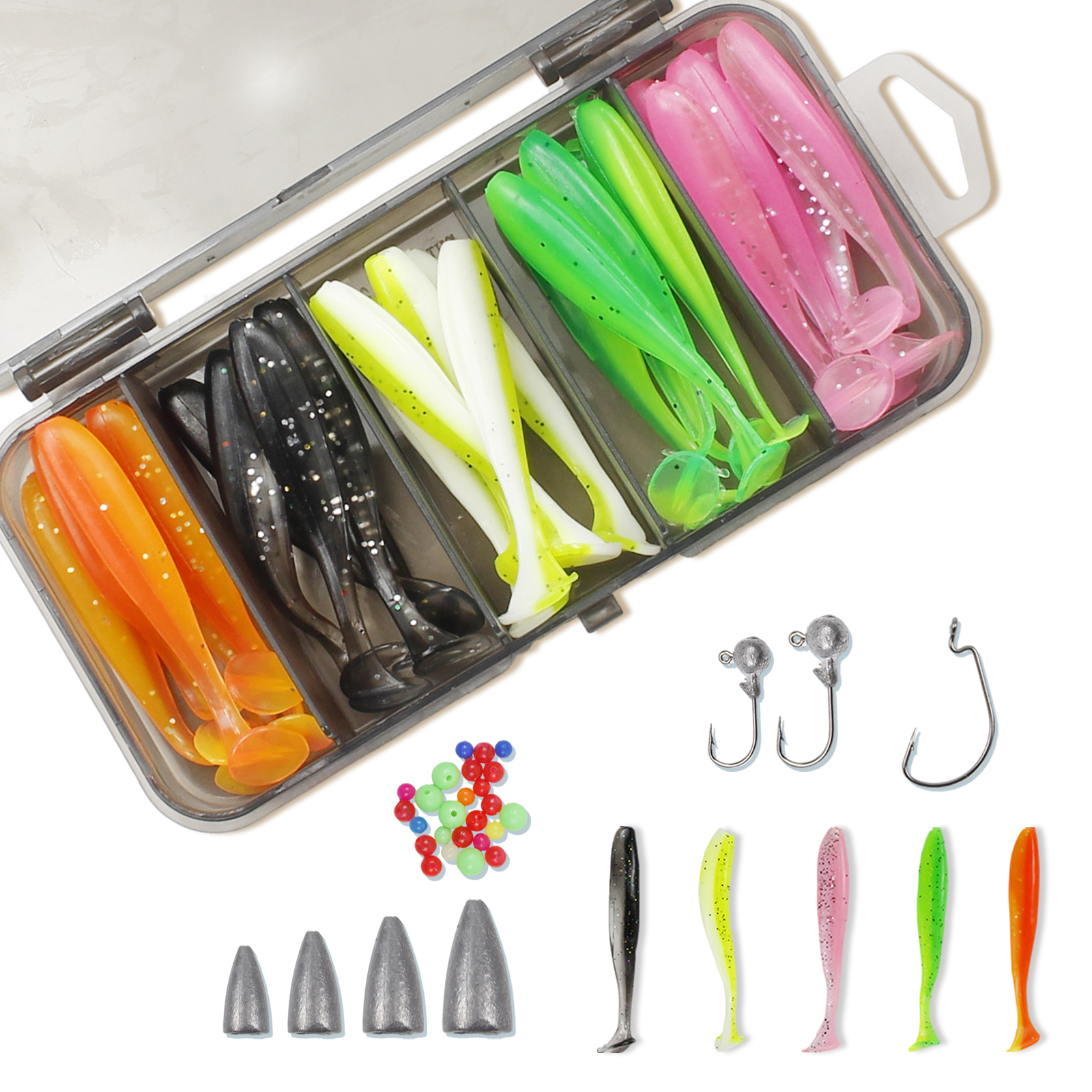 Hunt High Luia bait set anti-hanging bottom lead head hook T tail soft bait box set Texas fishing group bass lead fall soft worm